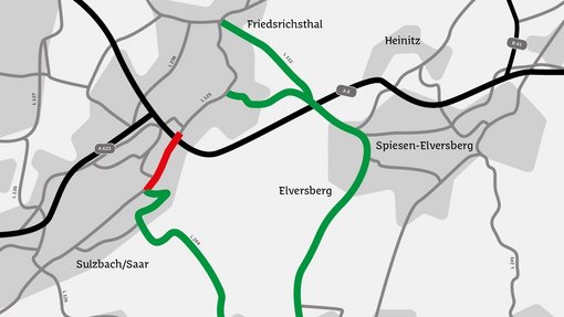 Straßenkarte von Sulzbach und den Nachbarorten mit Einzeichnung der Sperrung in rot und einer Umleitung in grün